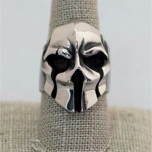 Size 9, Gothic Skull Silver Tone Brutalist Fierce Intricate Ring - C4